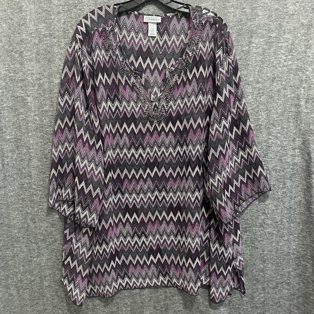 Catherines Top Women 4X Purple Sequin Beaded V-Neck Blouse‎ Flowy Office 30/32W